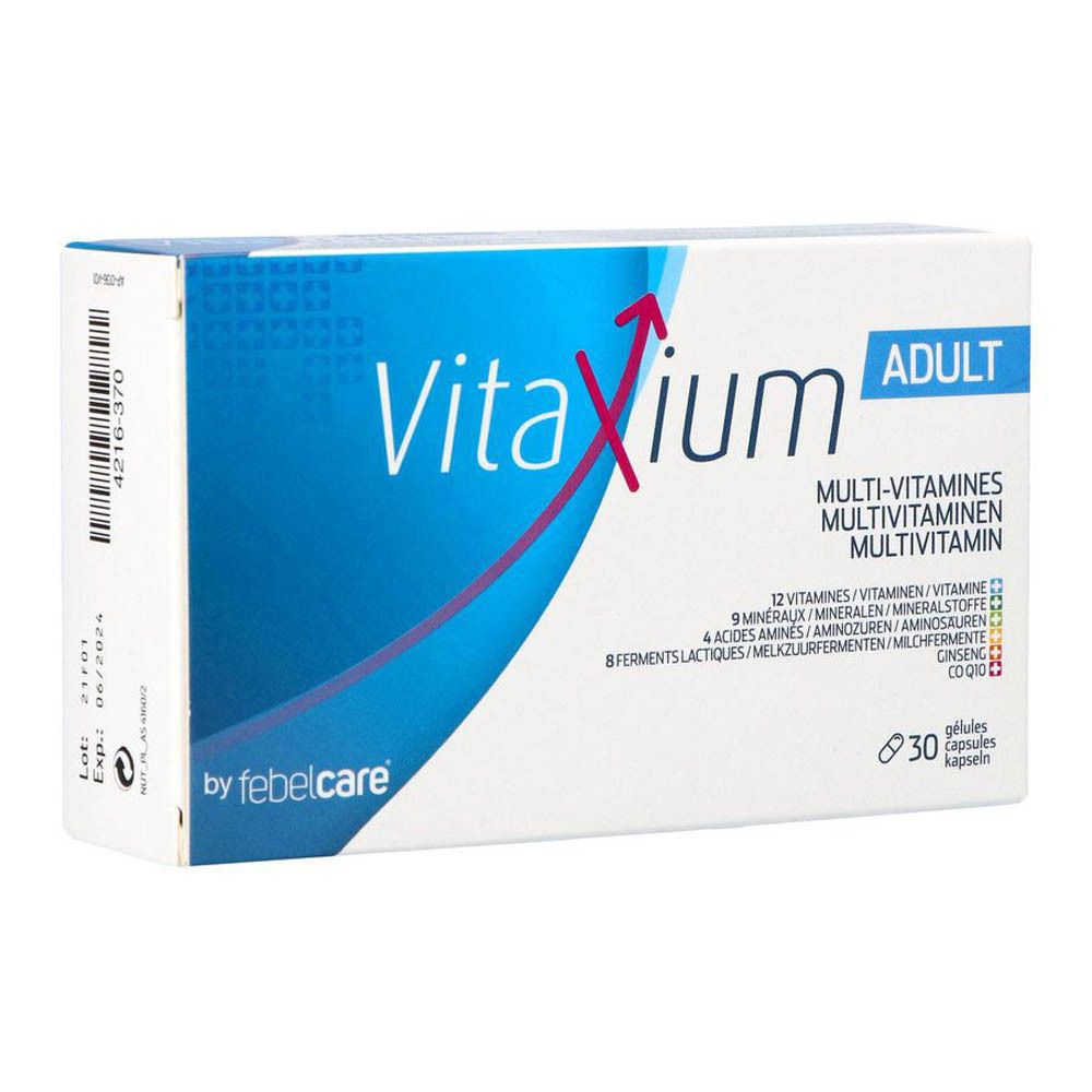 Vitaxium Adult multivitamineverpakking. Blauw-witte doos met productnaam en details. 30 capsules.