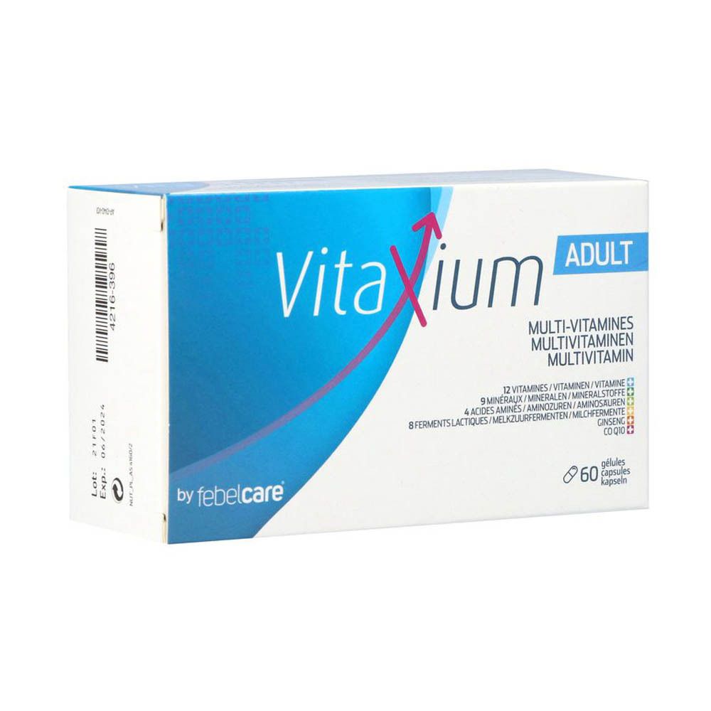 Boîte de Vitaxium Adult Multi-vitamines. Emballage blanc et bleu avec informations et 60 gélules.