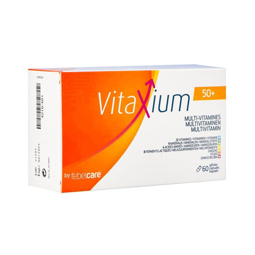 Doos "Vitaxium 50+". Bevat multivitaminen. 60 capsules. Merk: febelcare.