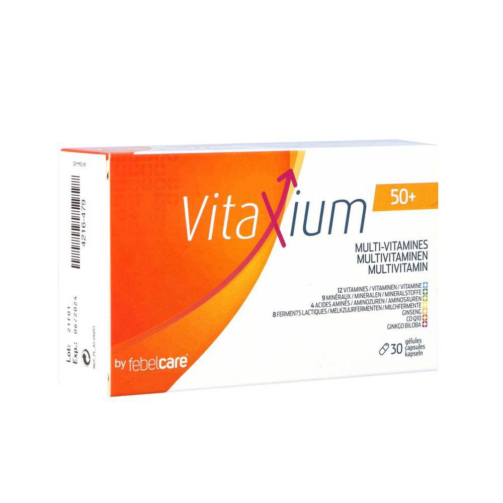 Vitaxium 50+ multivitamineverpakking. Oranje-wit ontwerp. Bevat 30 capsules. Van Febelcare.