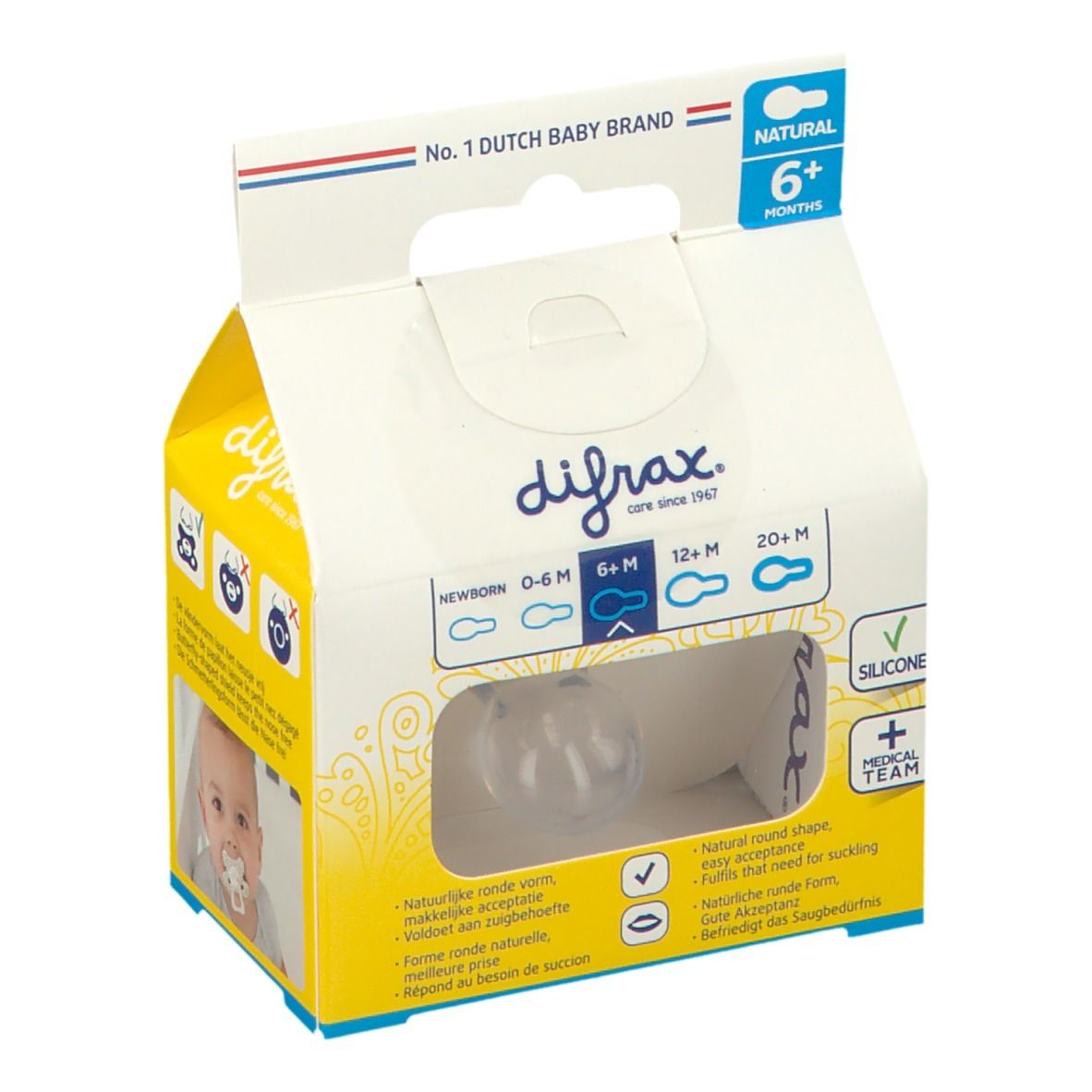 Emballage de sucette. Visible : logo, texte "NATURAL 6+M", "SILICONE", indications d'âge. Bébé avec sucette.