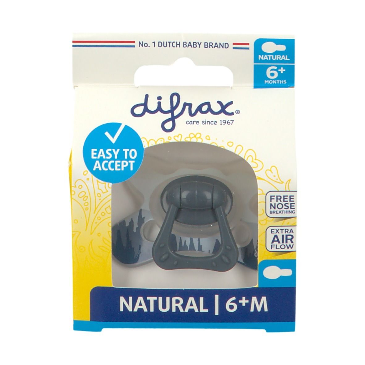 Emballage de sucette. Visible : logo, texte "NATURAL 6+M", "EASY TO ACCEPT", "FREE NOSE BREATHING", "EXTRA AIR FLOW".
