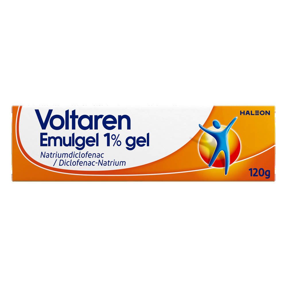 Tube Voltaren Emulgel 1% gel. Oranje-wit design, blauwe figuur. 120g.