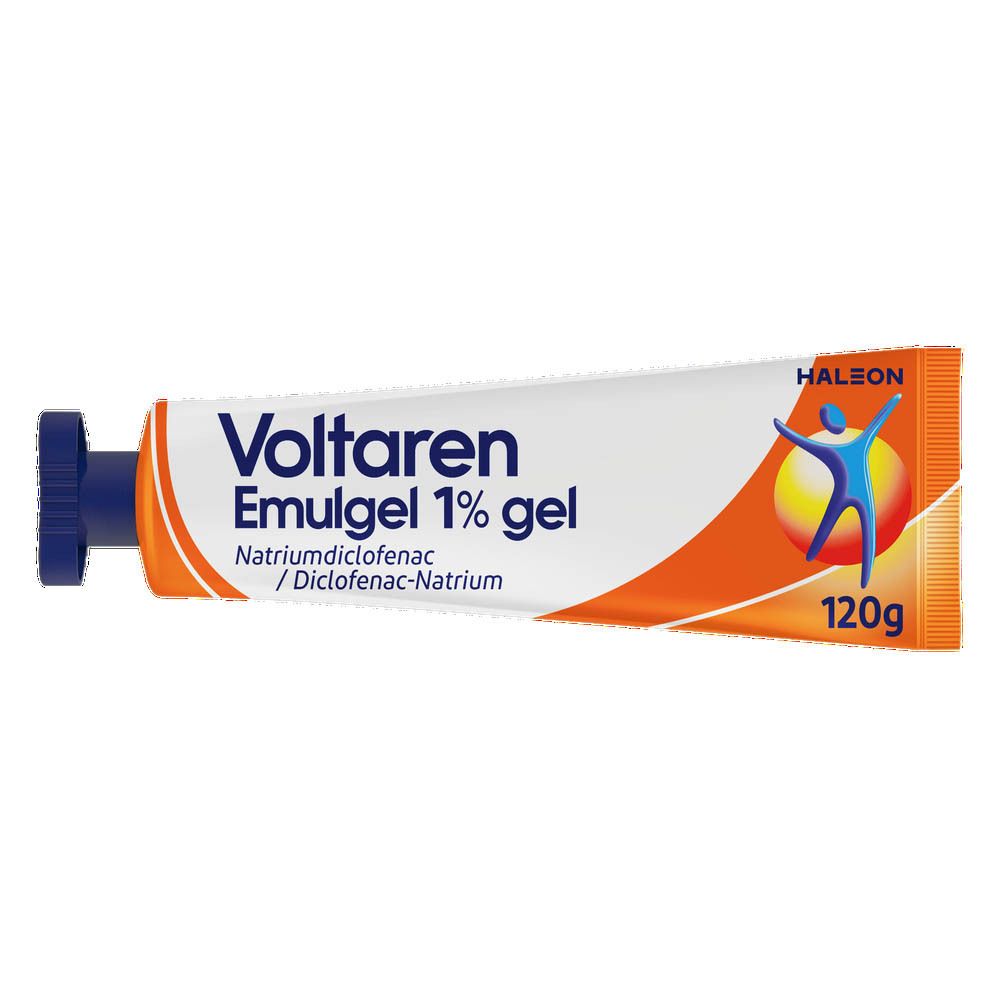Tube van Voltaren Emulgel 1% gel. Wit en oranje met productnaam en logo.
