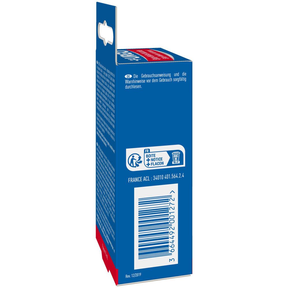 Dos de la boîte bleue avec texte en français et néerlandais. Flacon 15 ml.