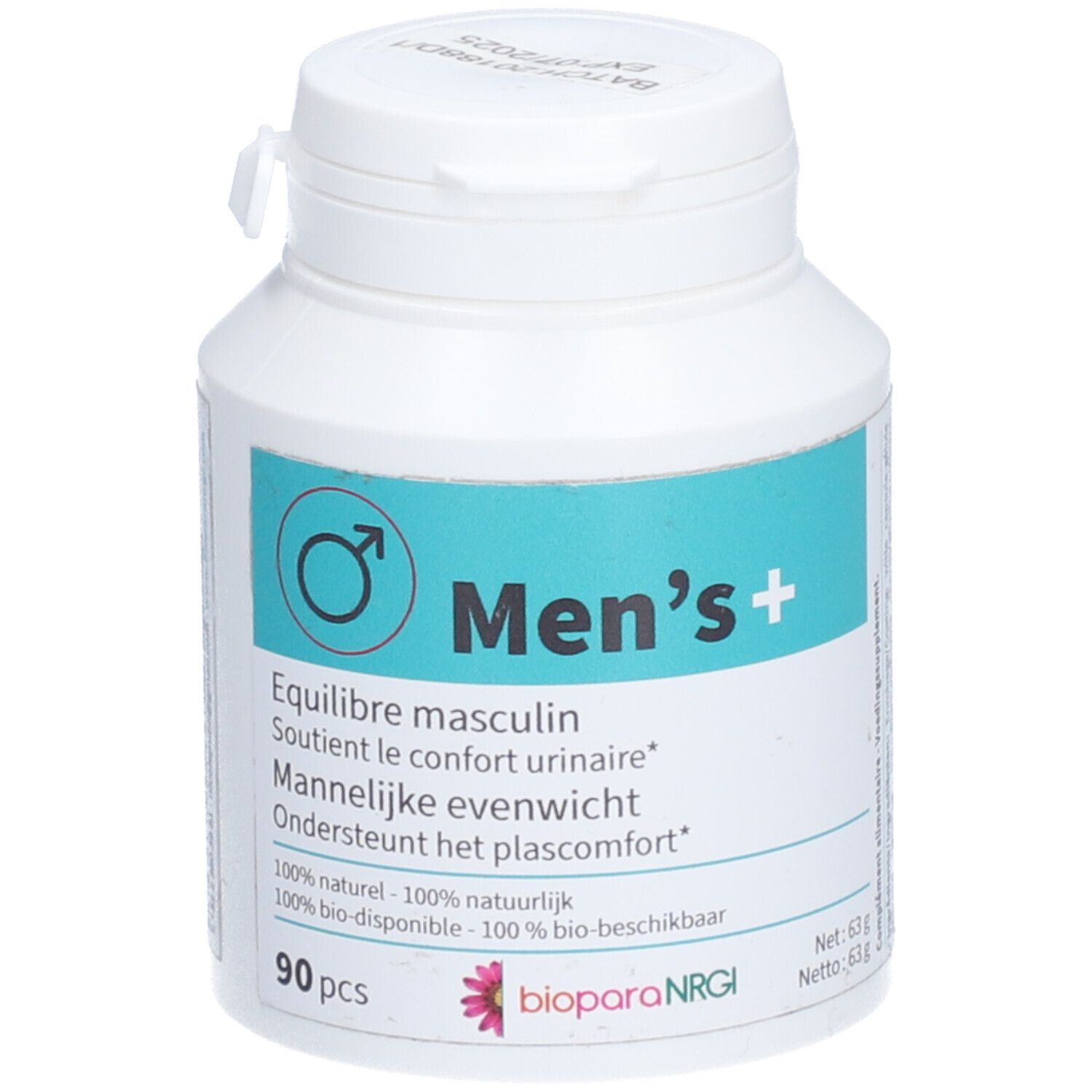 Flacon blanc "Men's+". Étiquette turquoise avec informations et logo. Contient 90 gélules.