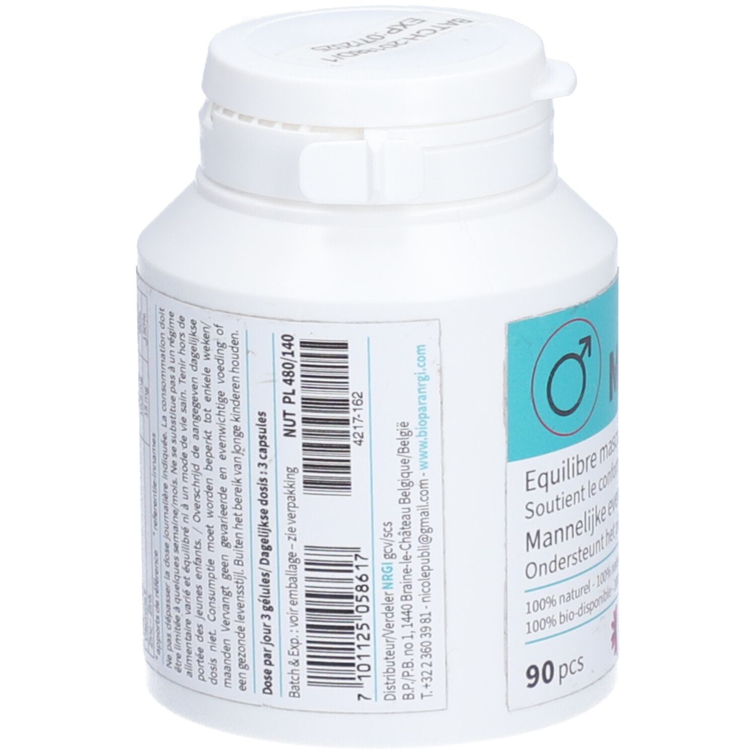 Flacon blanc "Men's+". Dos avec informations et logo. Contient 90 gélules.