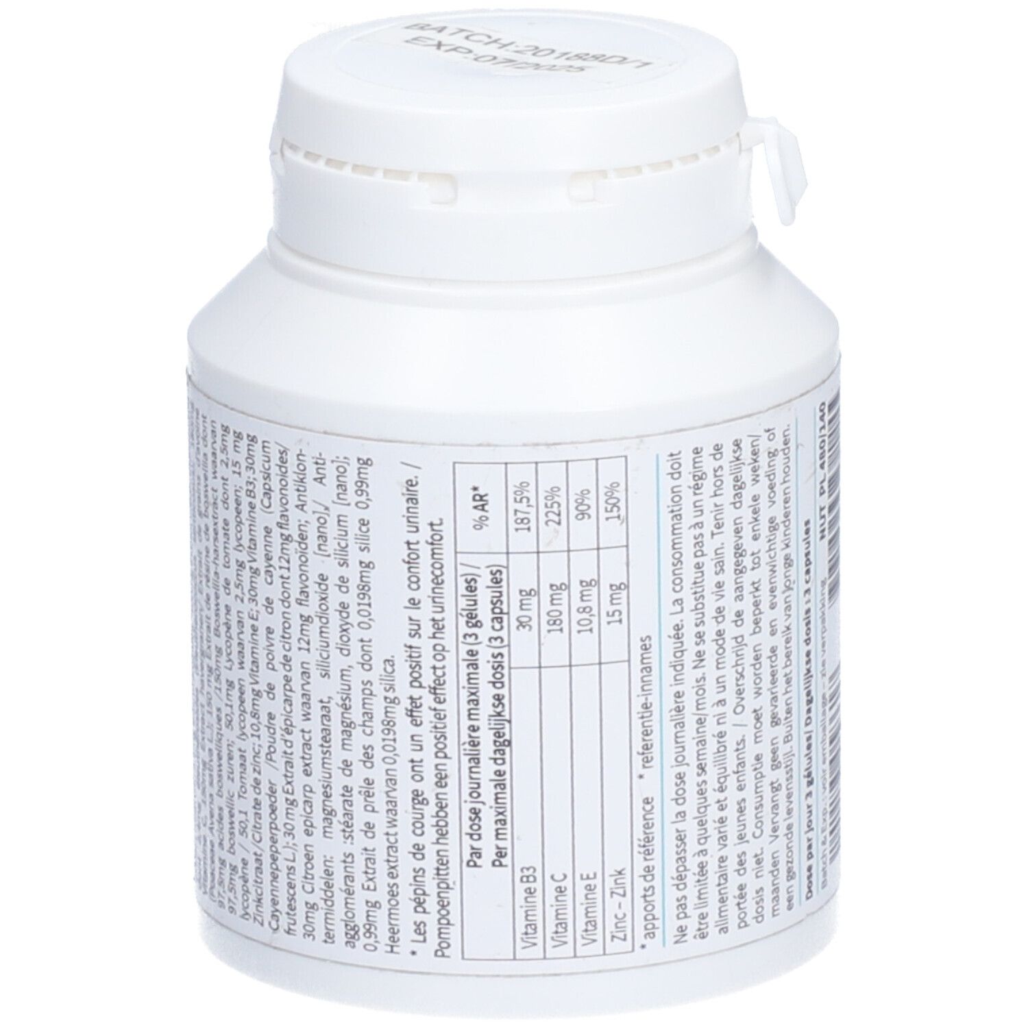 Flacon blanc "Men's+". Dos avec ingrédients et logo. Contient 90 gélules.