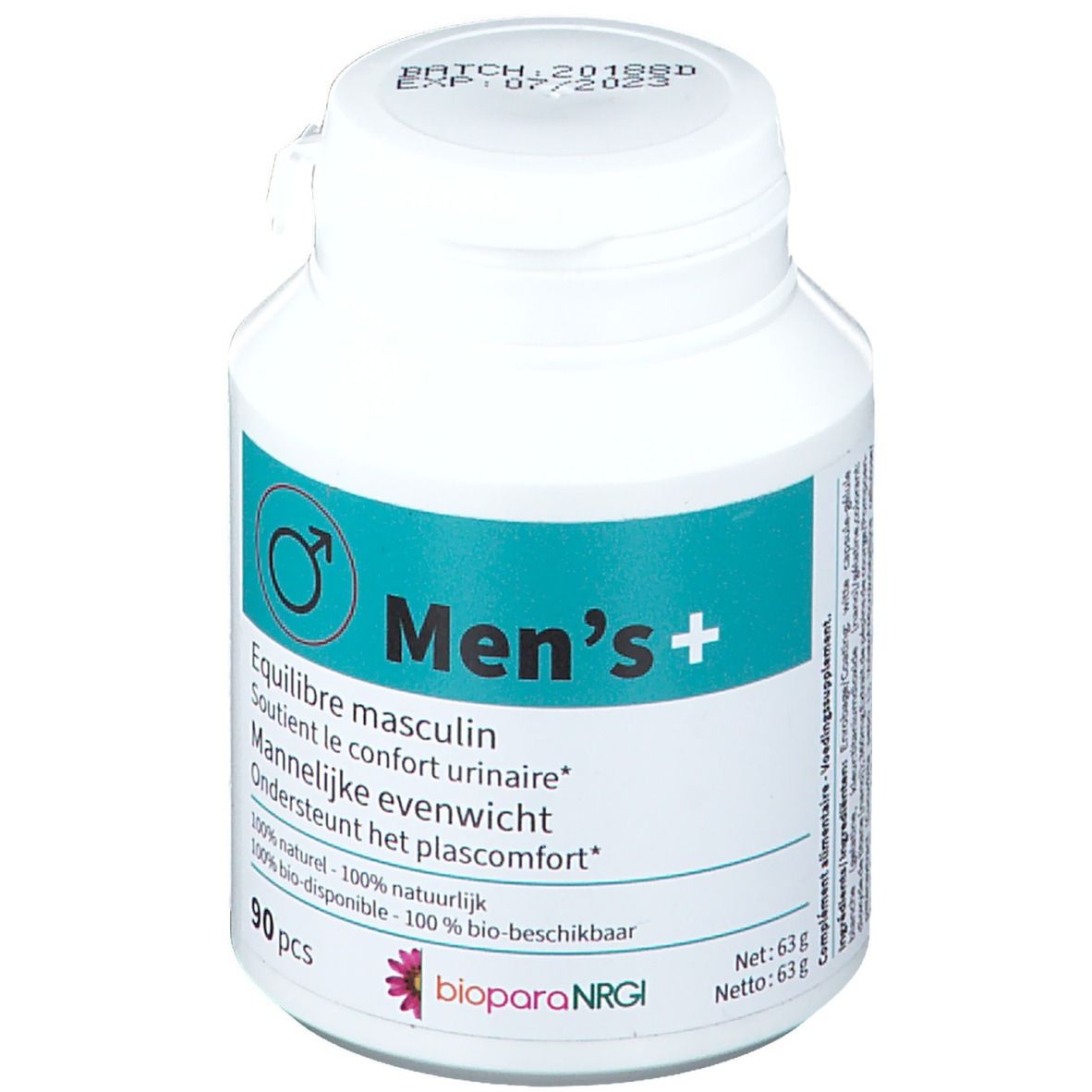 Flacon blanc "Men's+". Étiquette turquoise avec informations et logo. Contient 90 gélules.