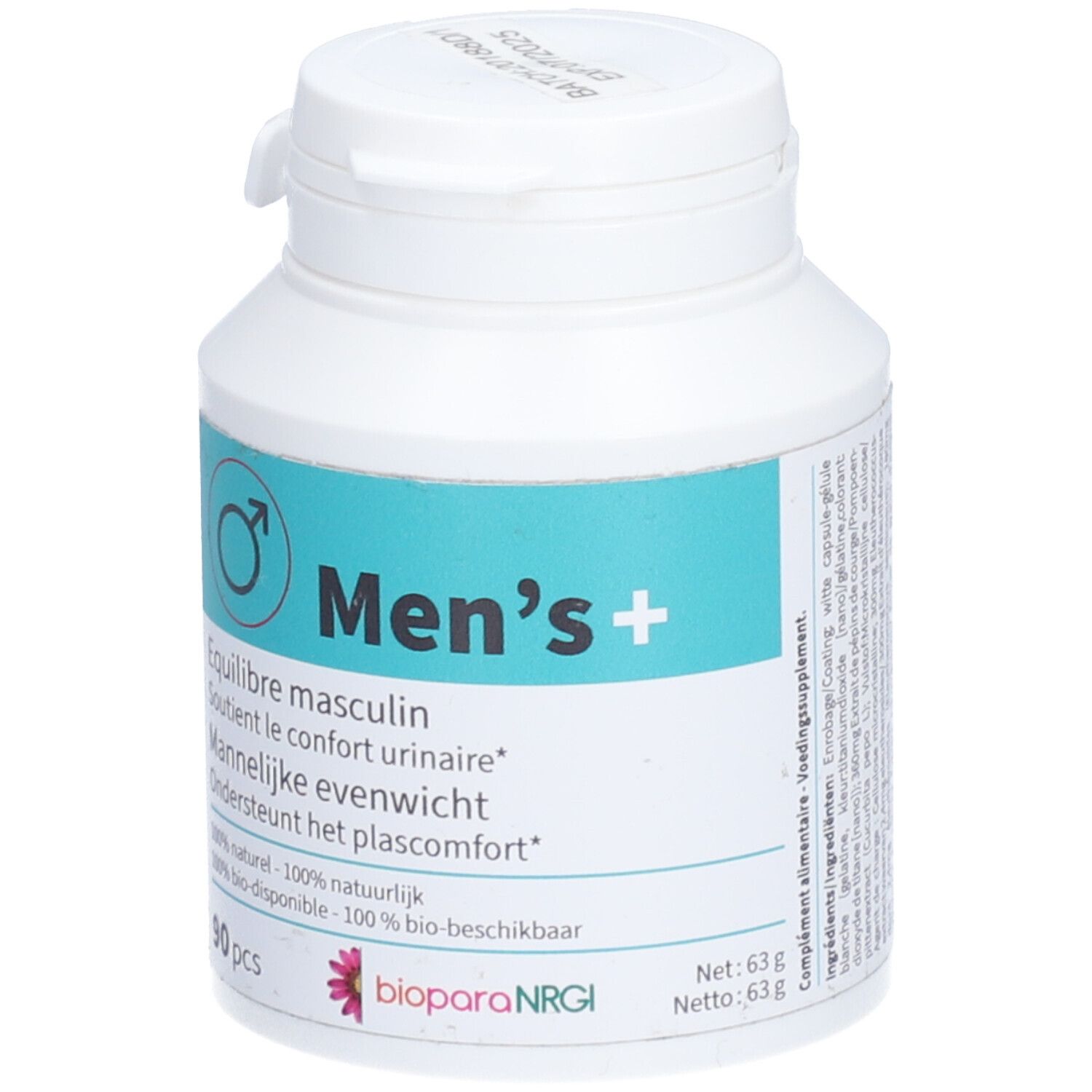 Flacon blanc "Men's+". Étiquette turquoise avec informations et logo. Contient 90 gélules.