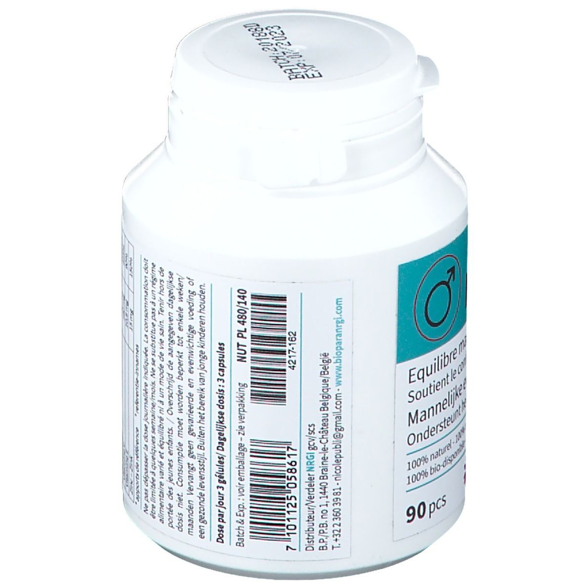 Flacon blanc "Men's+". Dos avec ingrédients et logo. 63g Net.