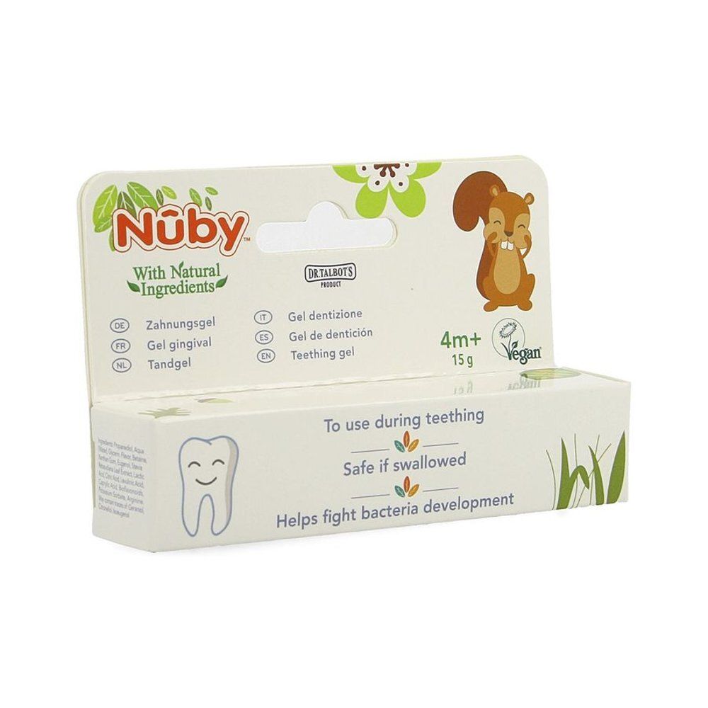 Verpakking Nûby Gel Gingival. Wit, met naam, illustraties en tekst. Bevat 15g, geschikt vanaf 4 maanden.