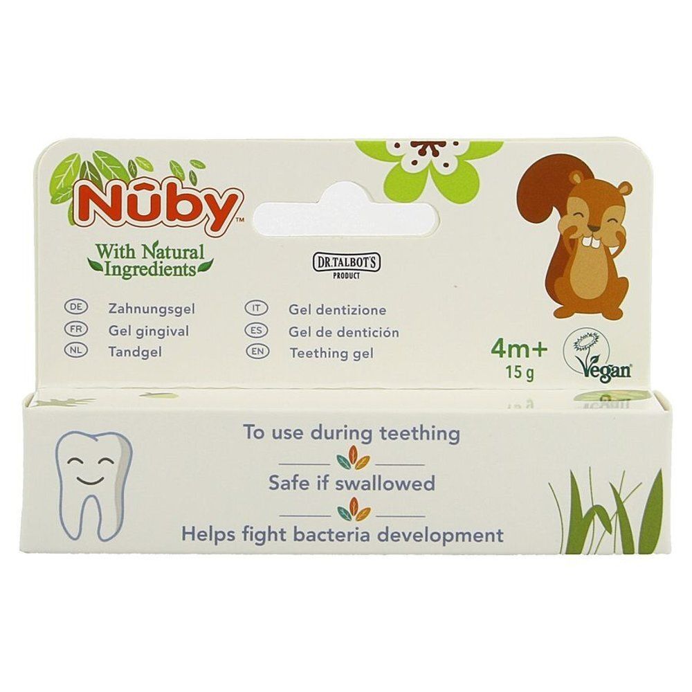 Verpakking Nûby Gel Gingival. Wit, met naam, illustraties en tekst. Bevat 15g, geschikt vanaf 4 maanden.