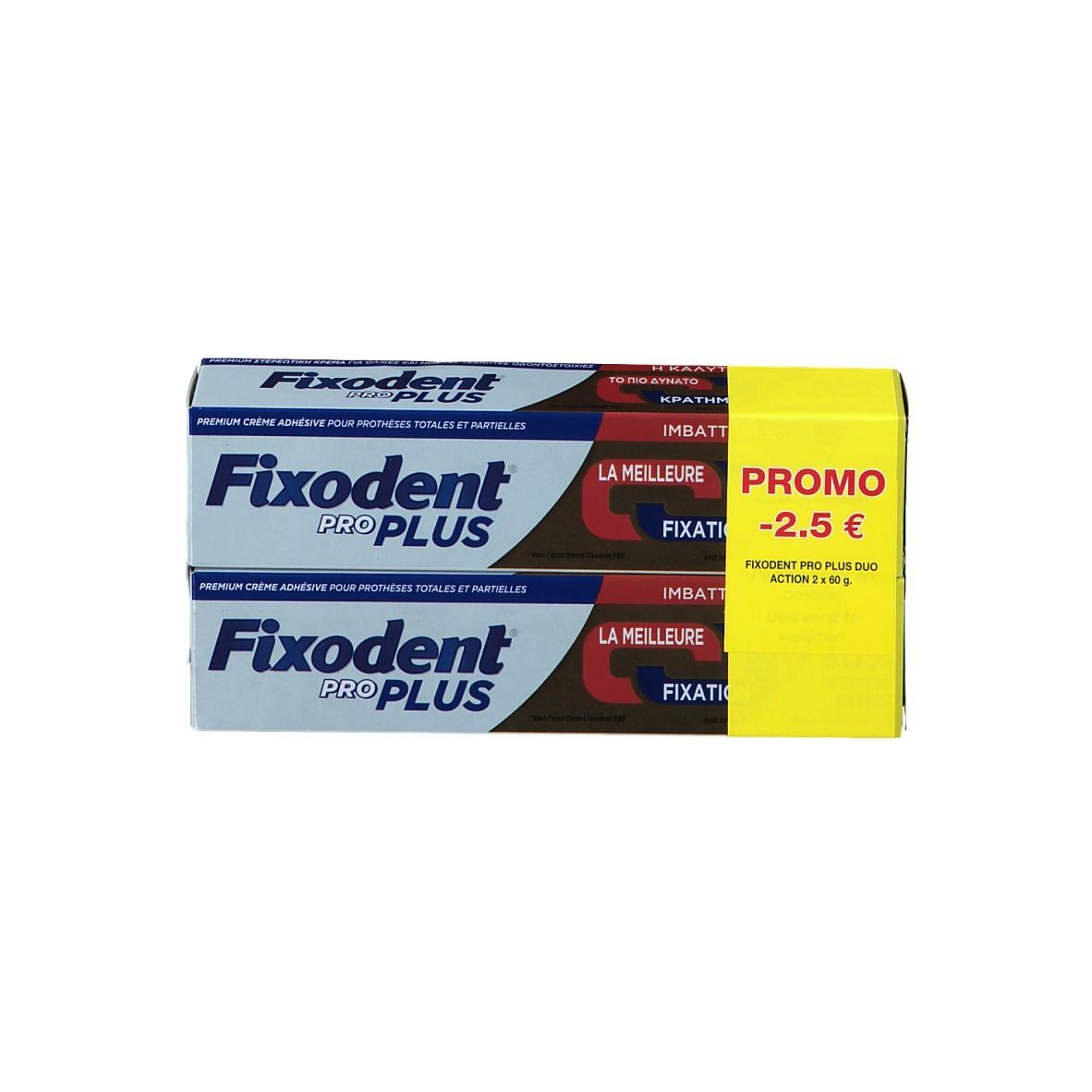 Deux boîtes de Fixodent Pro Plus dans une boîte. Boîte promotionnelle jaune avec texte. Nom et logo du produit visibles.
