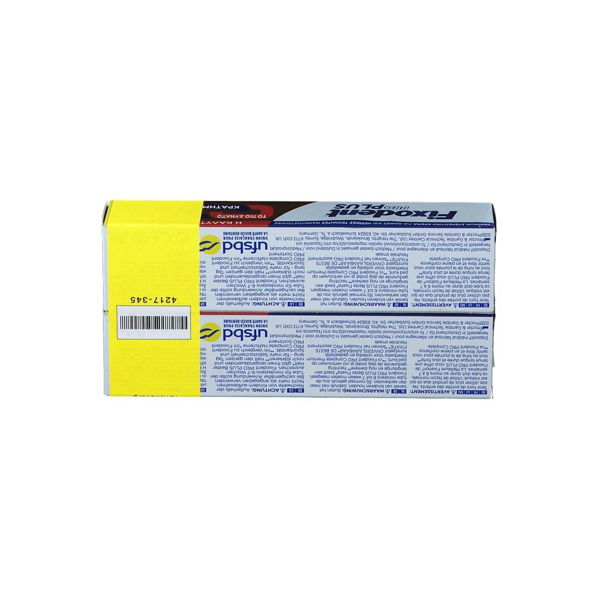 Dos de l'emballage Fixodent Pro Plus. Texte et code-barres sur fond jaune. Nom et logo du produit visibles.