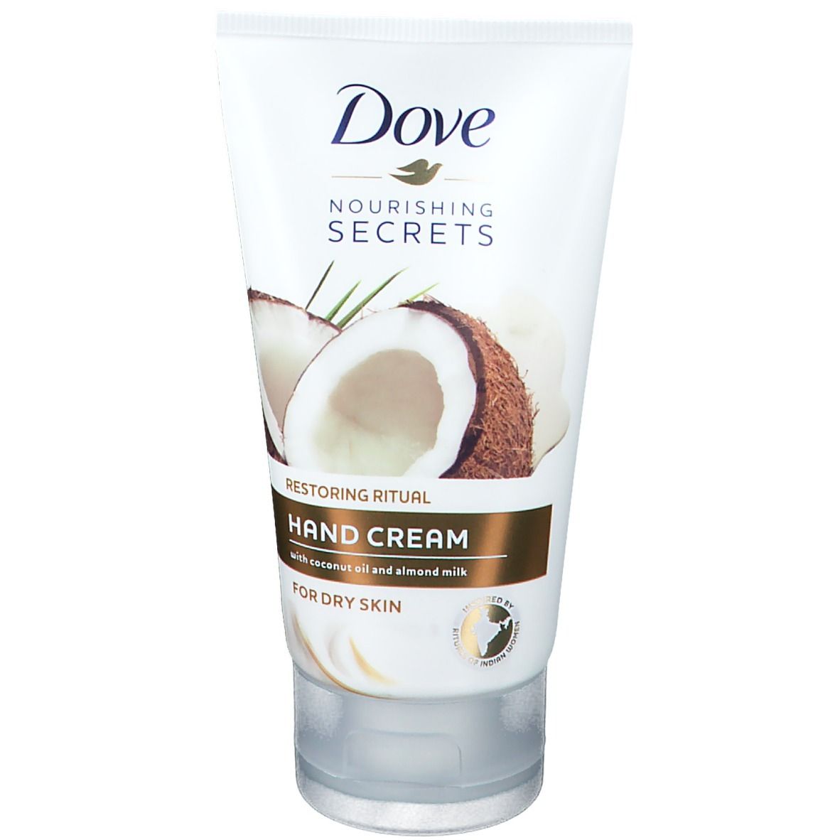 Tube blanche Dove Nourishing Secrets Hand Cream. Motif noix de coco. Texte: Hand Cream, pour peau sèche. Sceau.