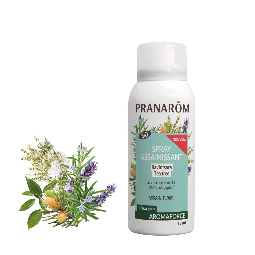 Spray assainissant Pranarôm Aromaforce Ravintsara Tea Tree, avec herbes.