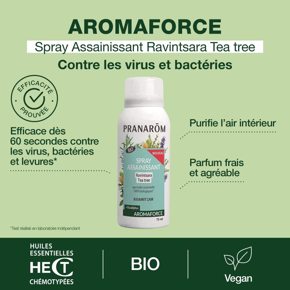 Arrière du spray Pranarôm Aromaforce: certifications (ECO, HECT, BIO, Vegan), 75ml.