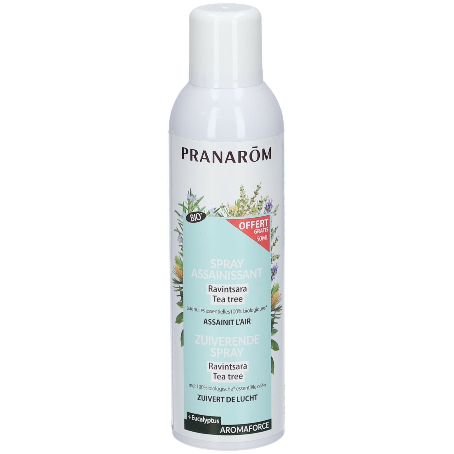 Witte spray Pranarôm, Spray Assainissant, Ravintsara Tea tree. Bio-certificering. Gratis.