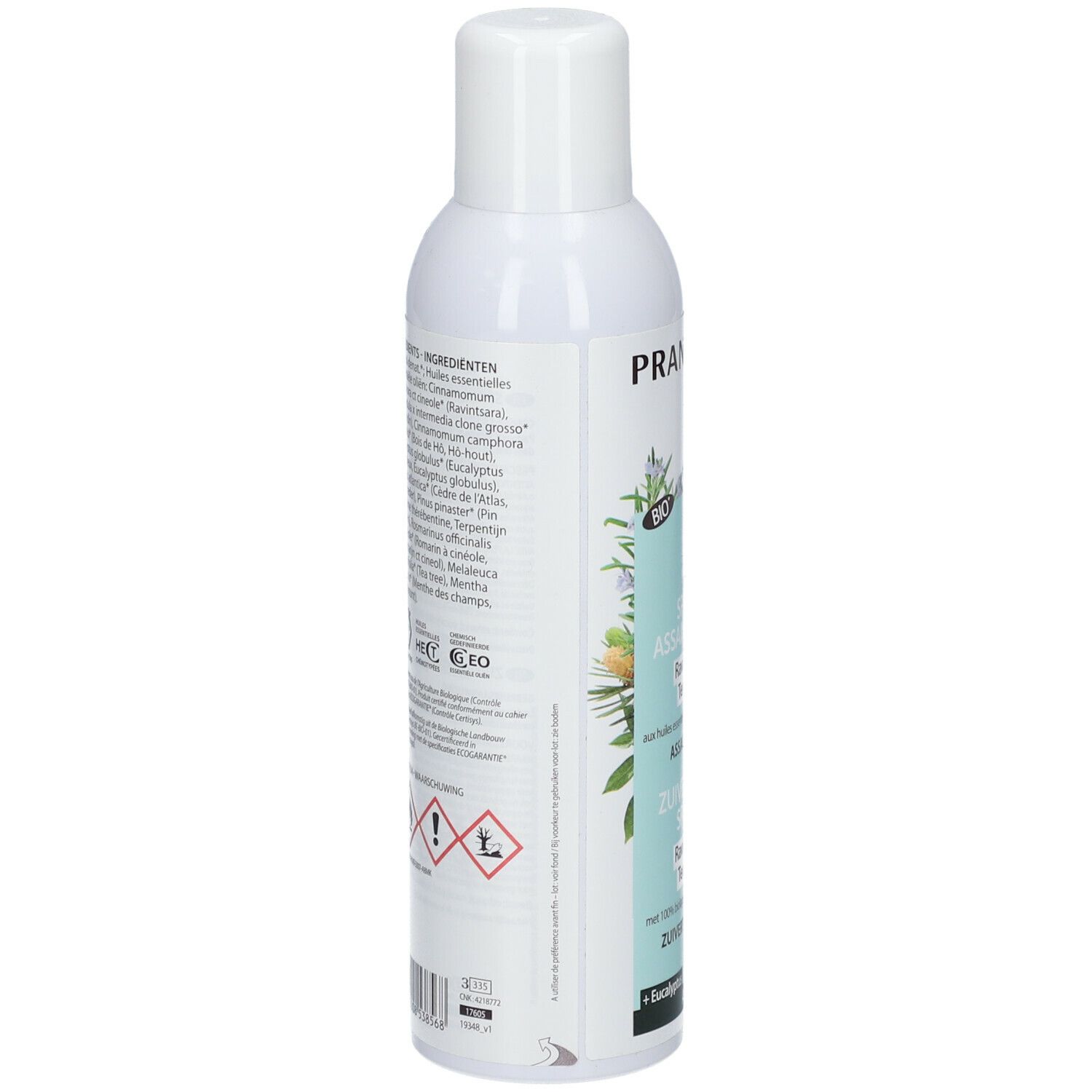 Witte spray. Achterkant met ingrediënten, waarschuwingen en certificeringen. Tekst in het Duits en Frans.