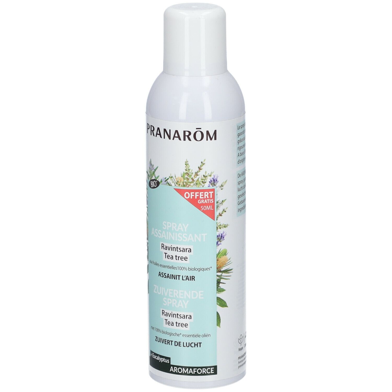 Witte spray Pranarôm, Spray Assainissant, Ravintsara Tea tree. Bio-certificering. Gratis.