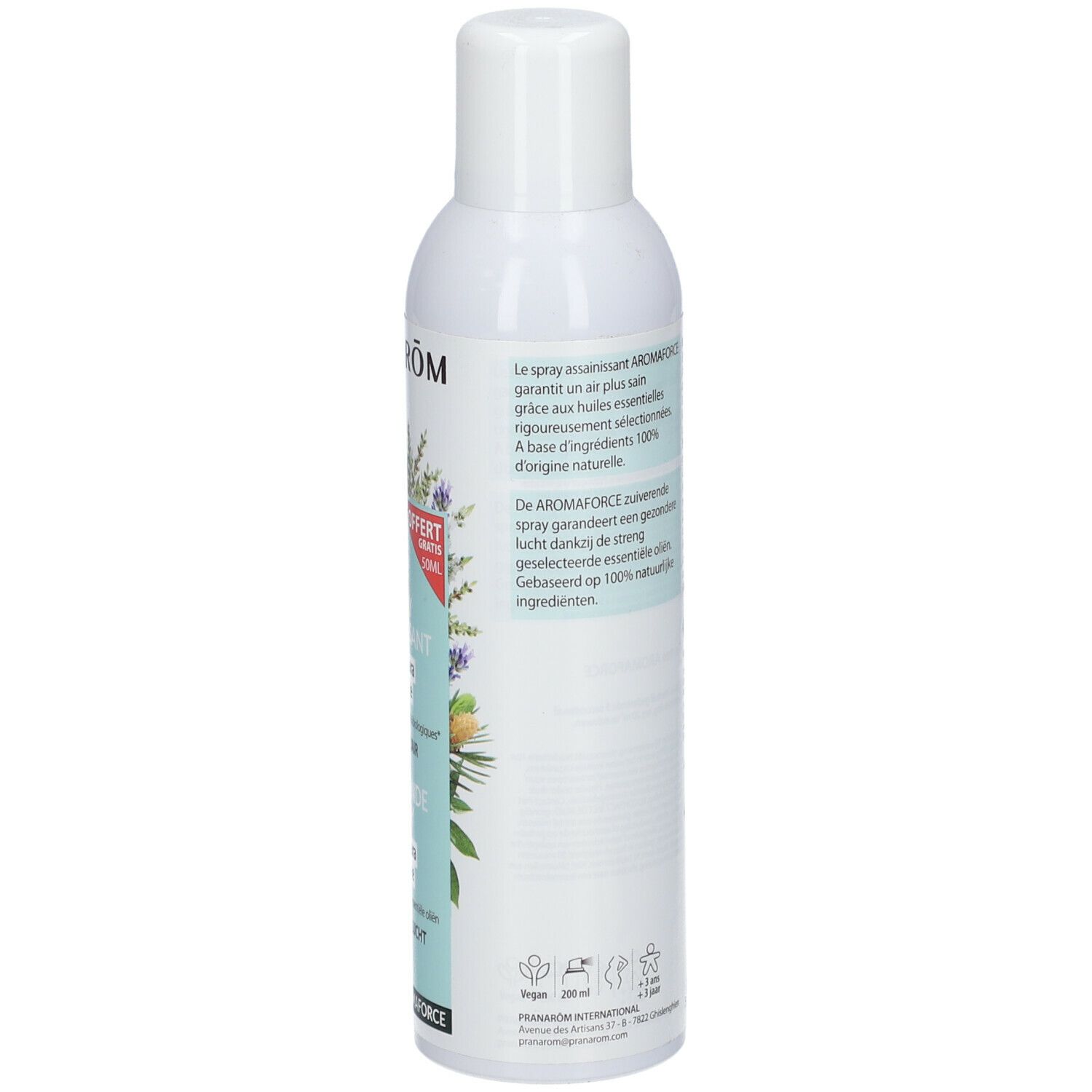 Witte spray. Achterkant met tekst in het Duits en Frans. Bevat informatie over het product.