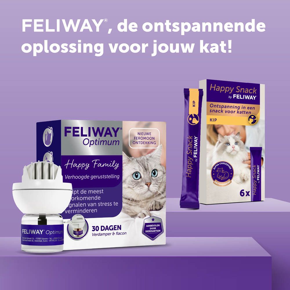 Diffuser en flacon. Tekst: Ontwikkeld en geproduceerd in Frankrijk. Feliway® Optimum.