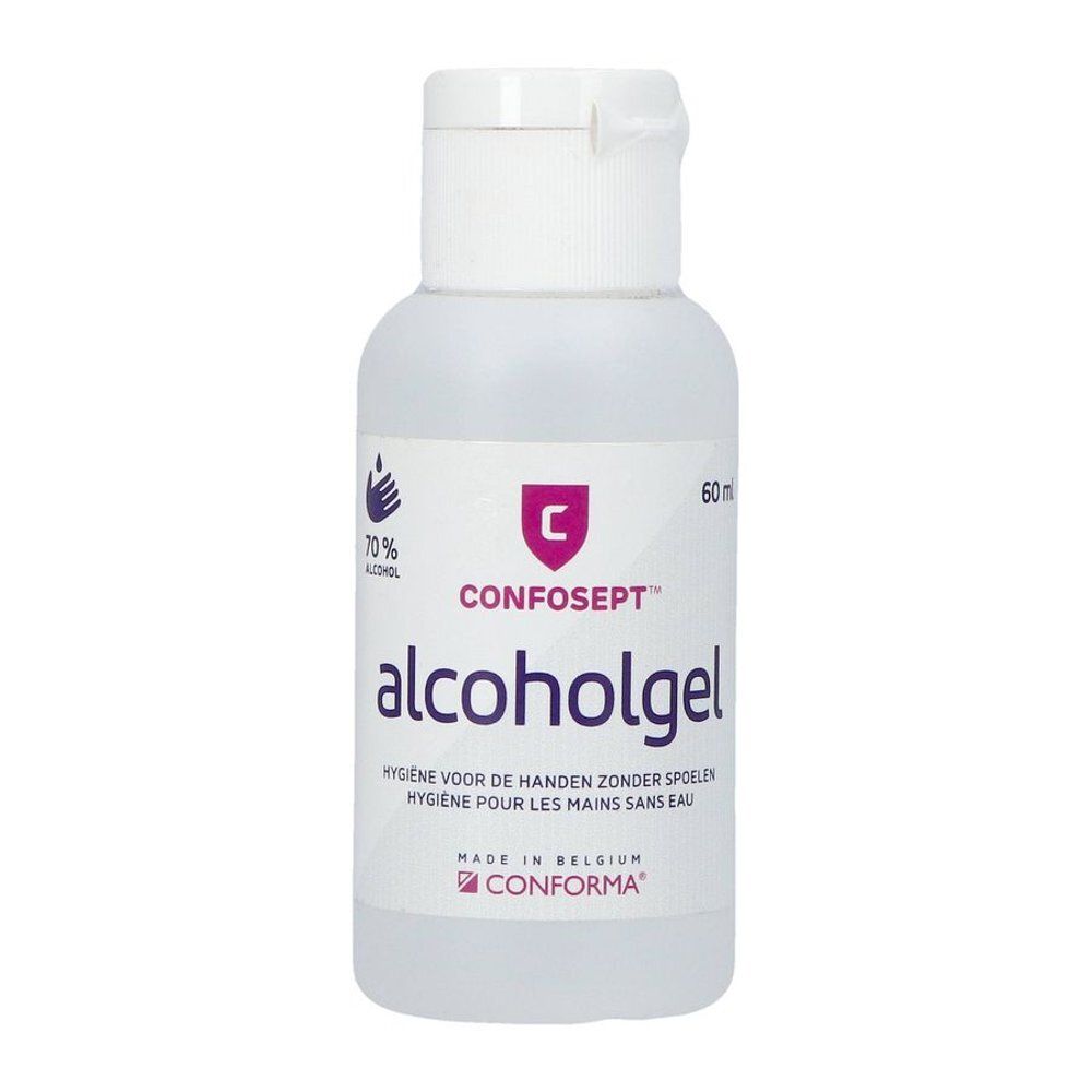Fles Confosept Alcoholgel. Witte dop, paars etiket met logo en tekst. Bevat 70% alcohol.