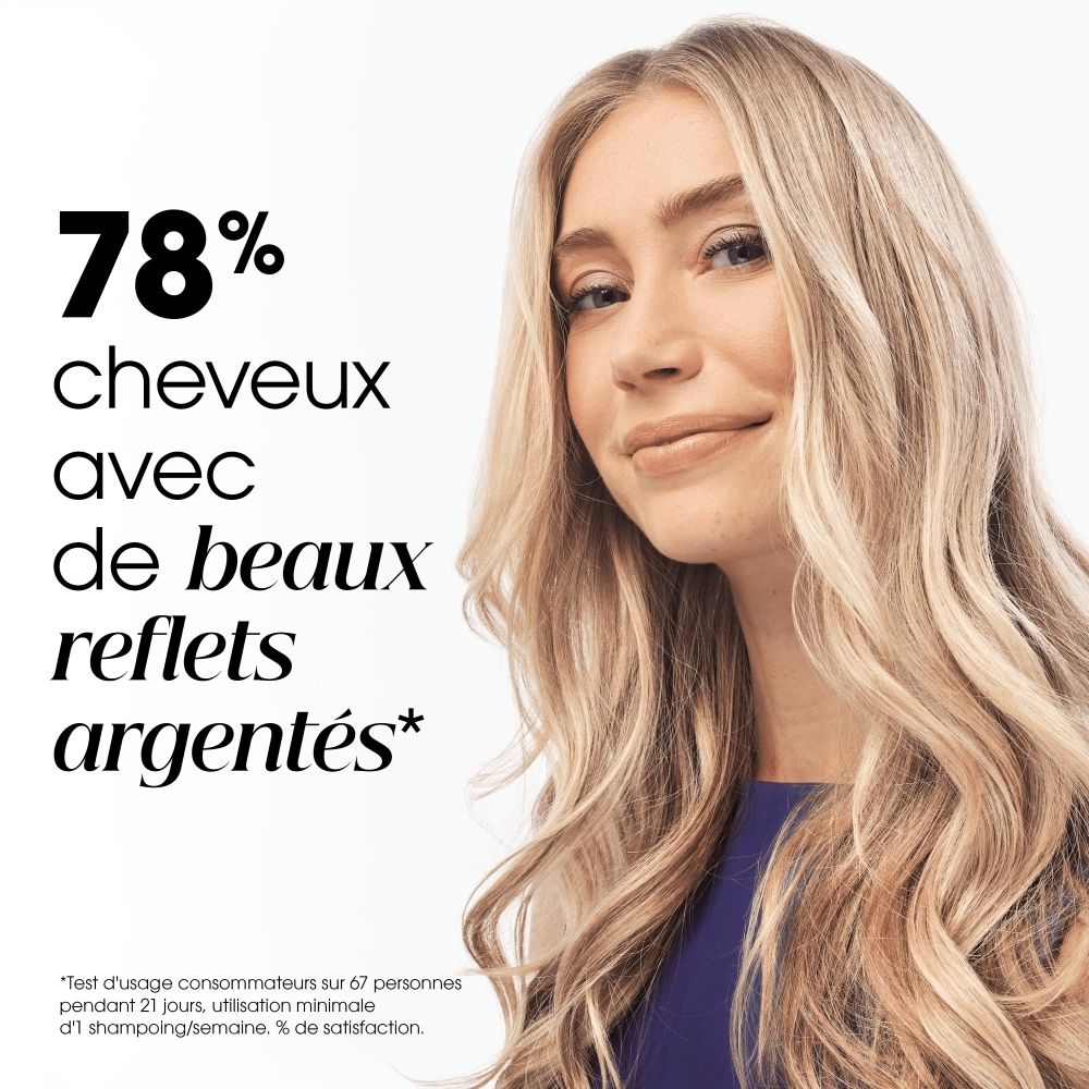 Femme aux cheveux blonds présentant des reflets argentés. Texte : 78% de cheveux aux beaux reflets argentés.