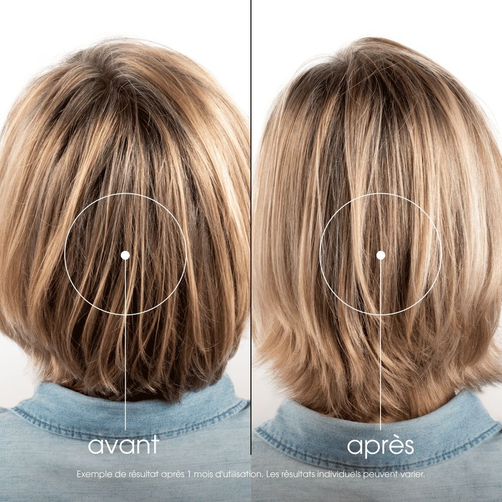 Comparaison avant-après de cheveux. À gauche : aspect avant. À droite : aspect après, avec reflets améliorés.