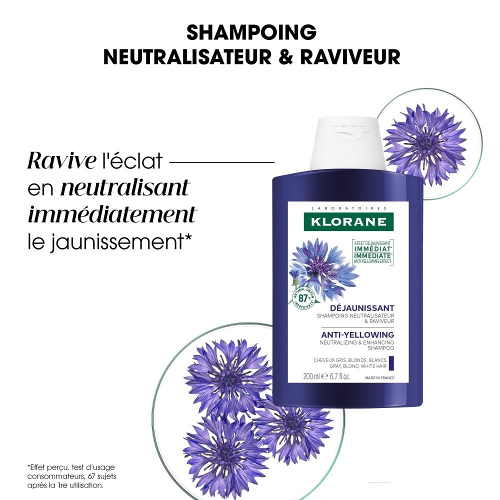 Flacon KLORANE Shampoo au Bleuet BIO. Texte : Neutralise et ravive instantanément le jaunissement.