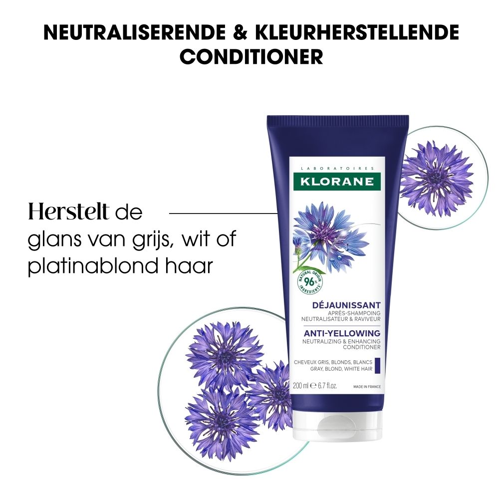 Achterkant van de KLORANE Anti-Yellowing Conditioner tube met ingrediënten en certificeringen.