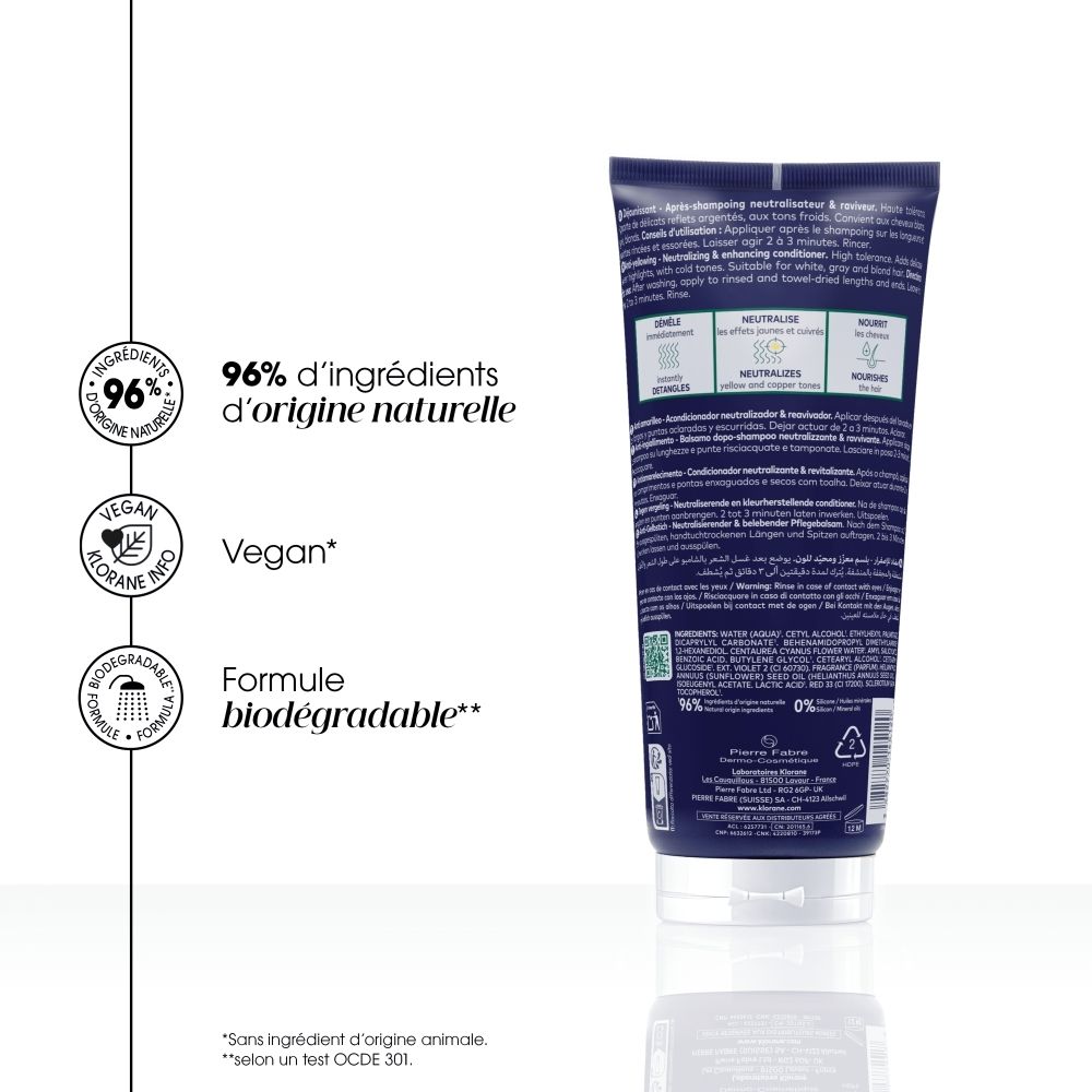 Comparaison avant-après de cheveux traités avec le conditionneur KLORANE Anti-Jaunissement.