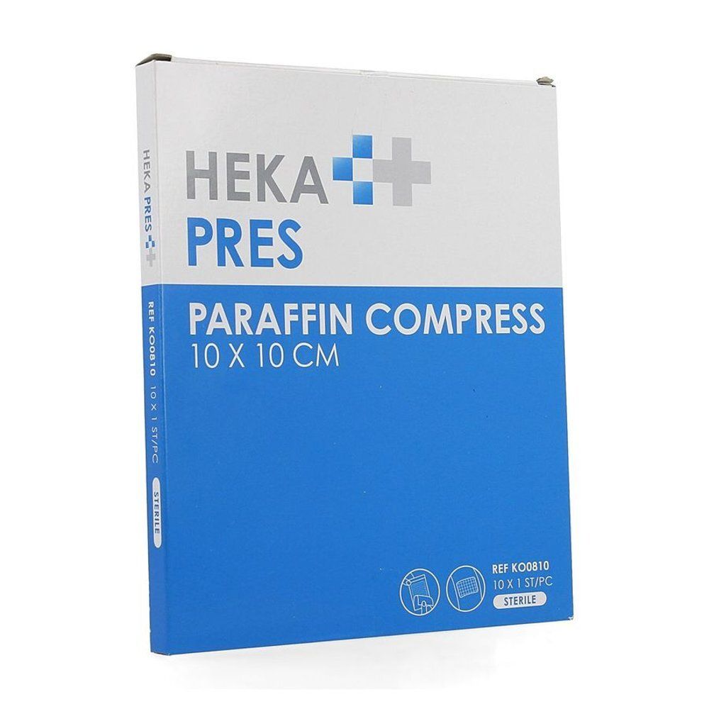 Doos met HEKA PRES paraffine kompressen 10 x 10 cm. Blauw en wit. Steriel.