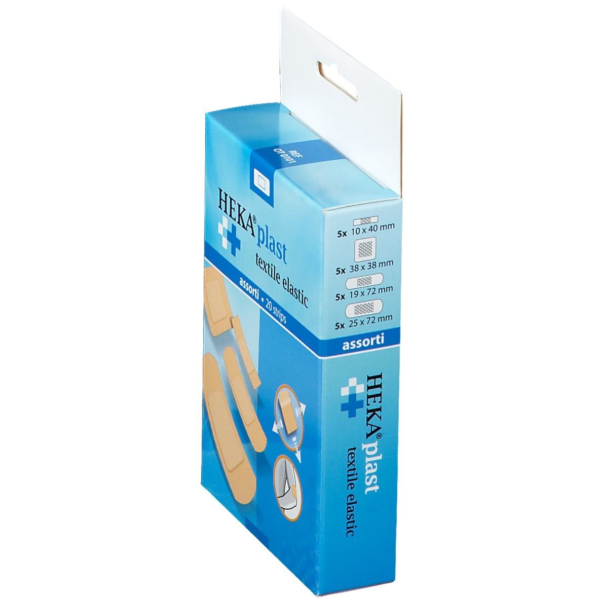 Vue latérale de la boîte Heka Plast Textile Elastique. Tailles des pansements.