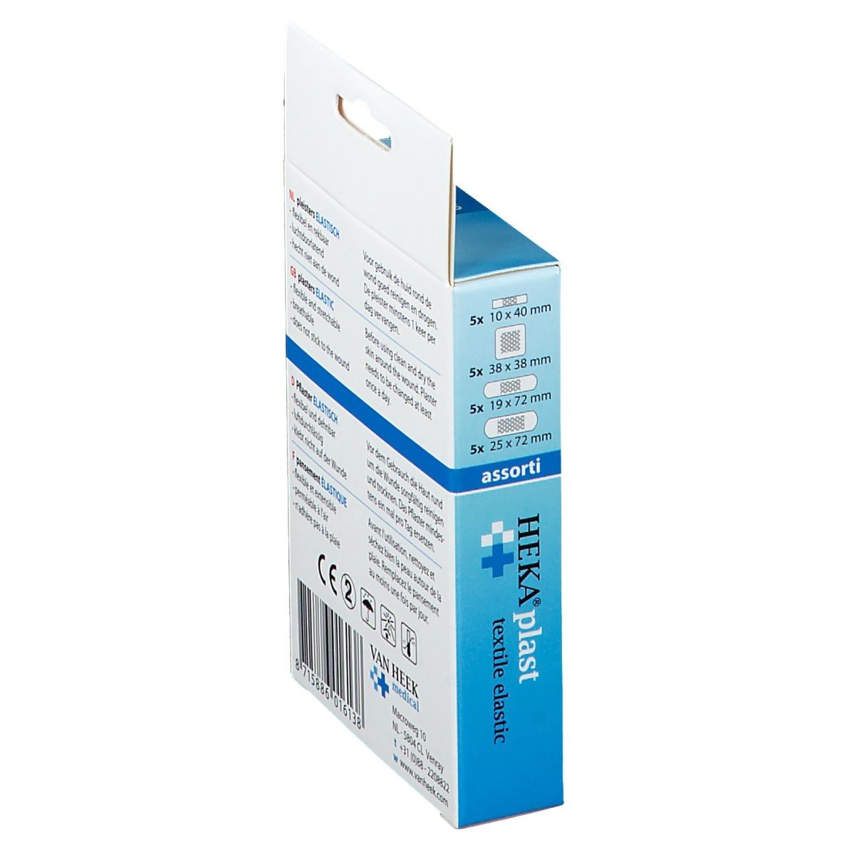 Vue latérale de la boîte Heka Plast Textile Elastique avec tailles et instructions.