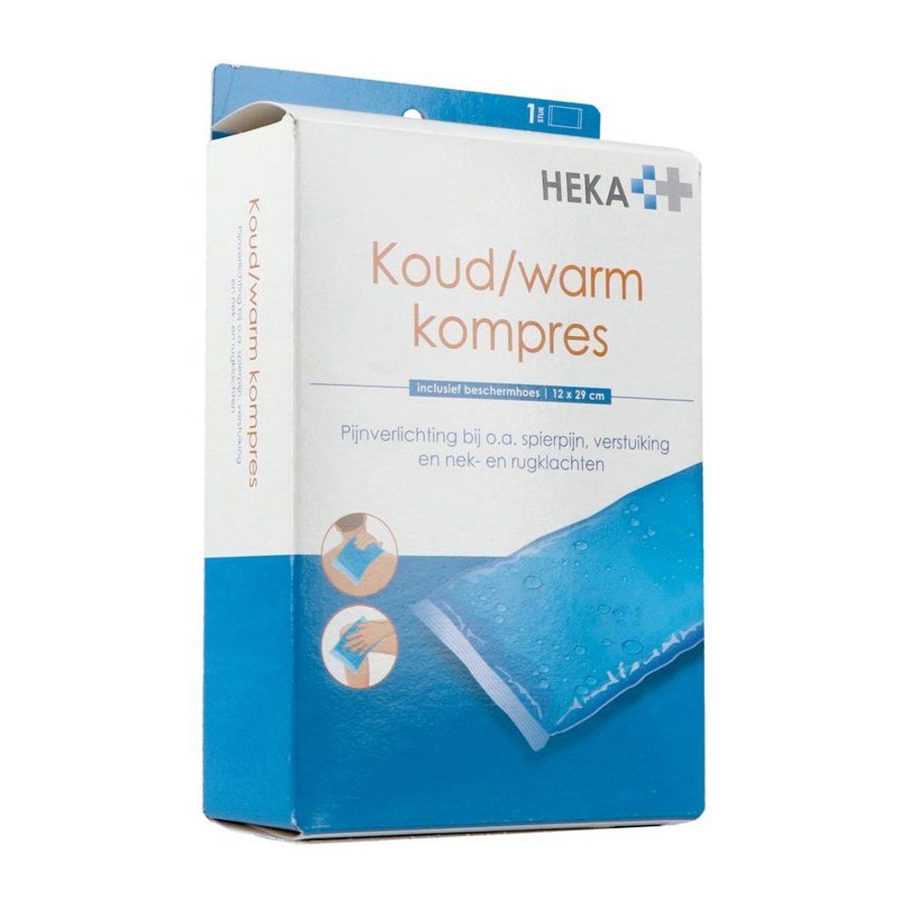 Boîte de compresses chaud/froid bleues. Inscription : Heka, Koud/warm kompres. Dimensions : 12 x 29 cm. Pour douleurs cervicales et dorsales.