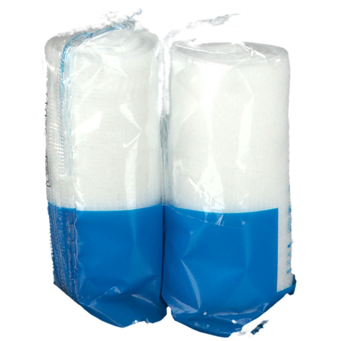 Twee rollen elastisch fixatiewindsel, verpakt in plastic. Blauw en witte verpakking.