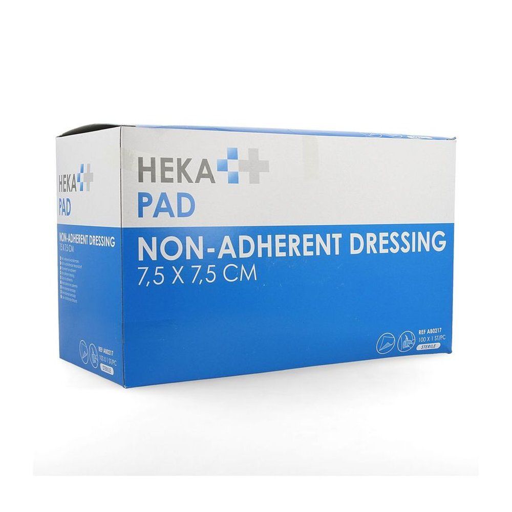 Verpakking van HEKA PAD, niet-klevend verband, 7,5 x 7,5 cm. Wit-blauwe doos met productinformatie en logo.