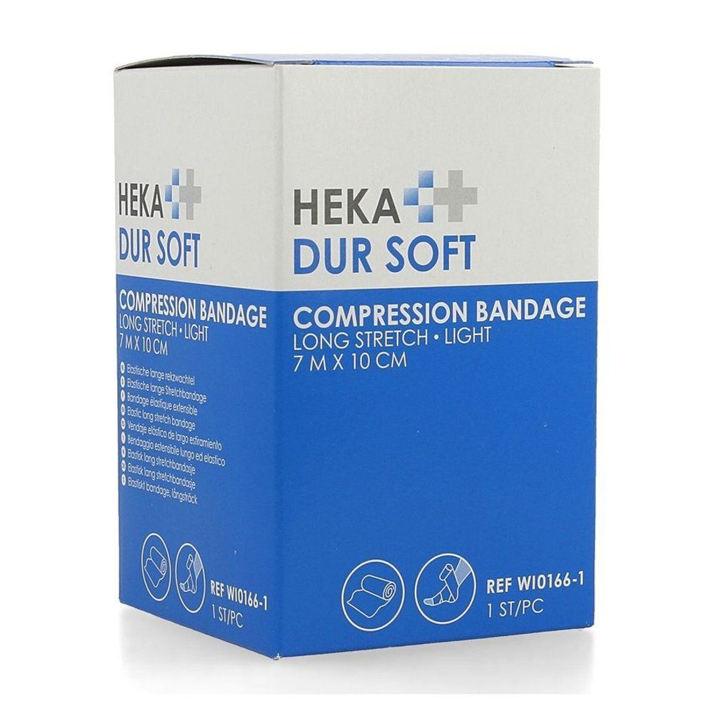 Boîte de bandage compressif Hekadur Soft. Boîte blanche et bleue avec nom du produit, taille 7x10 cm et pictogrammes.