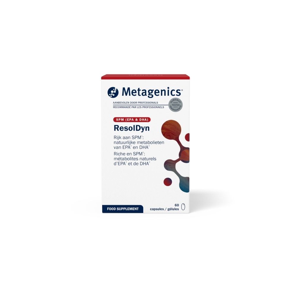 Productverpakking. Opschrift ResolDyn, 60 capsules, 42 g. Merk Metagenics.