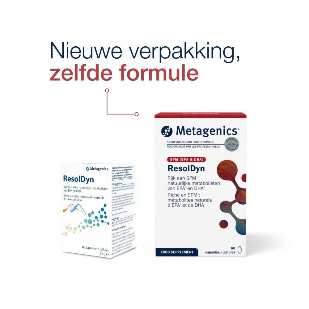 Twee productverpakkingen. Opschrift ResolDyn. Merk Metagenics. Tekst: Nieuwe verpakking, zelfde formule.