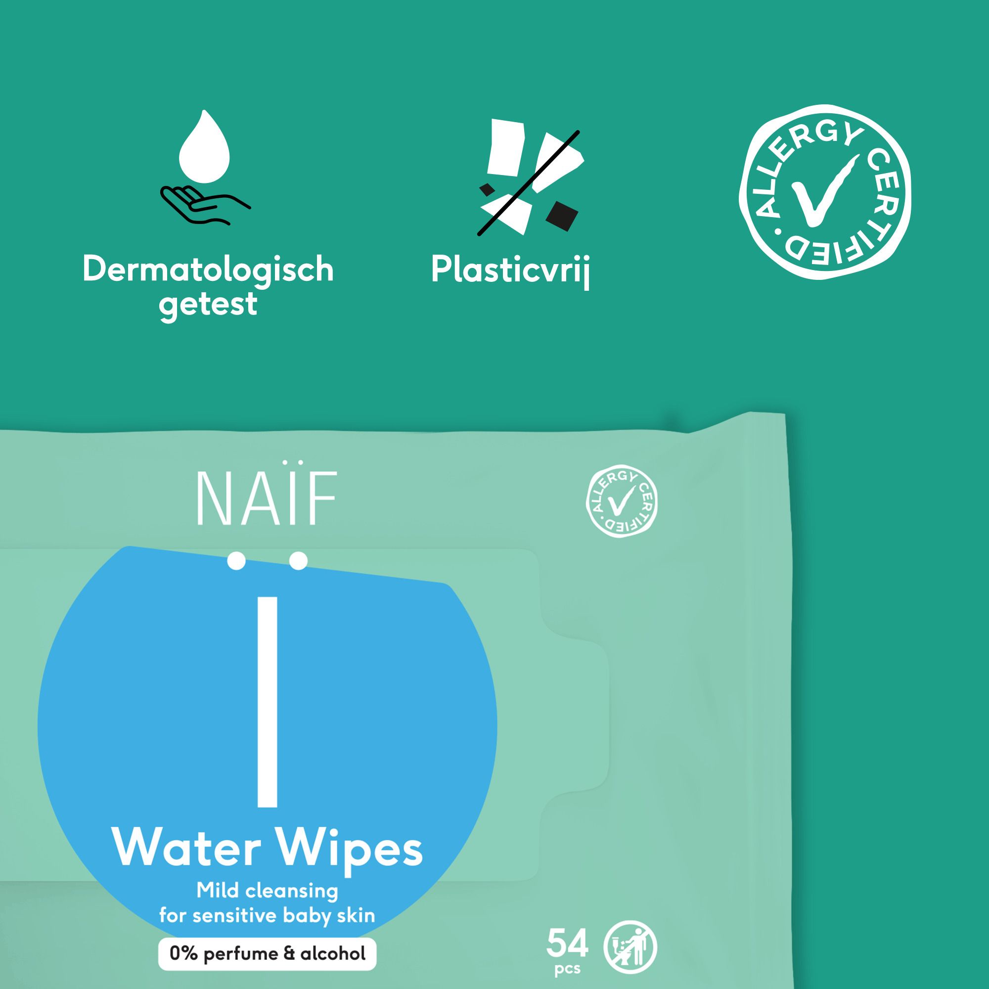 NAÏF Water Wipes verpakking met doekje, 99% water, 0% parfum & alcohol.