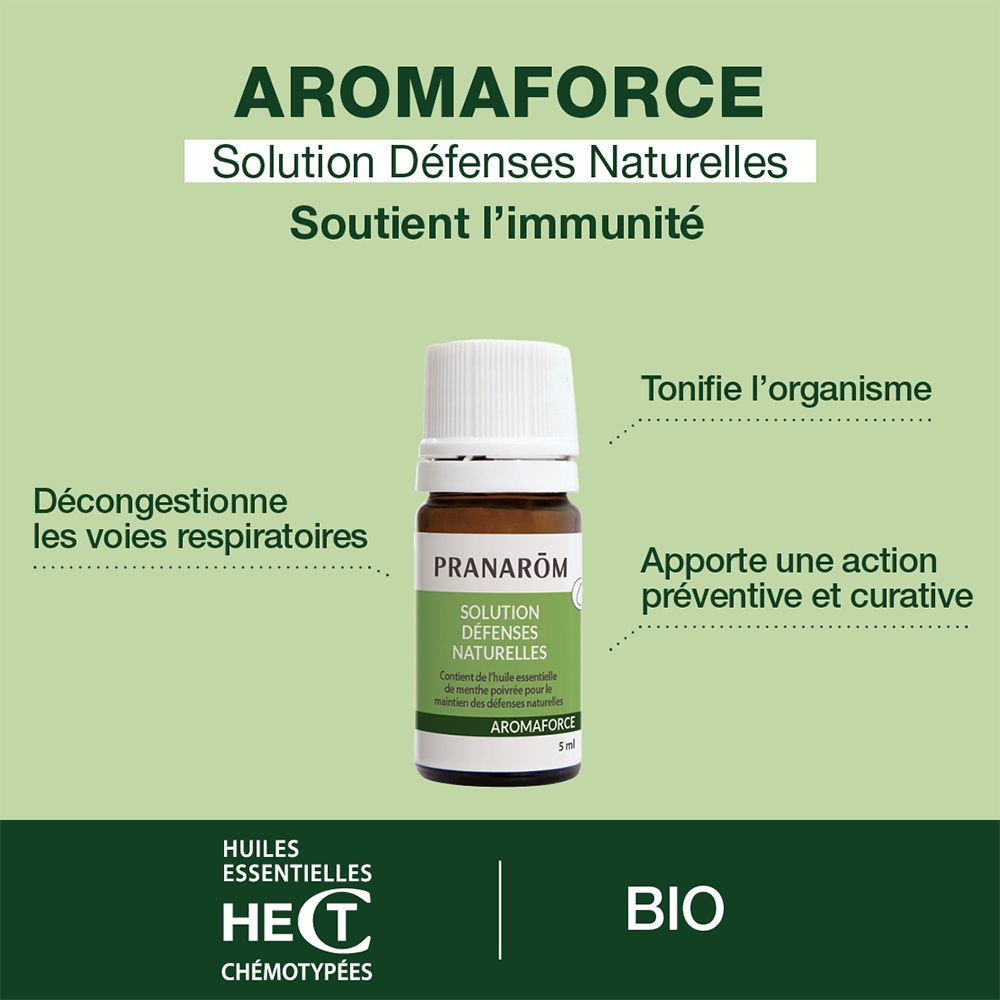 Fond vert. Flacon bouchon blanc. Informations produit. Texte: Aromaforce, Solution Défenses Naturelles, Soutient l'immunité.