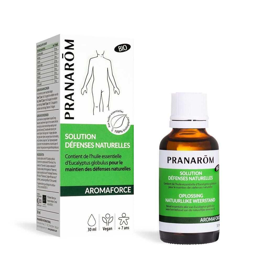 Fles en doos Pranarôm. Solution Défenses Naturelles, Aromaforce. Bevat essentiële olie van Eucalyptus globulus.
