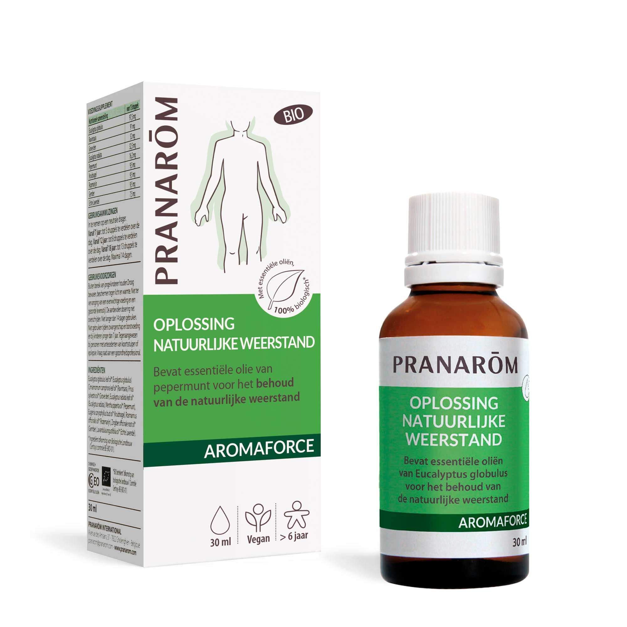 Fles en doos. Oplossing natuurlijke weerstand. Bevat essentiële olie. Bio-certificering.