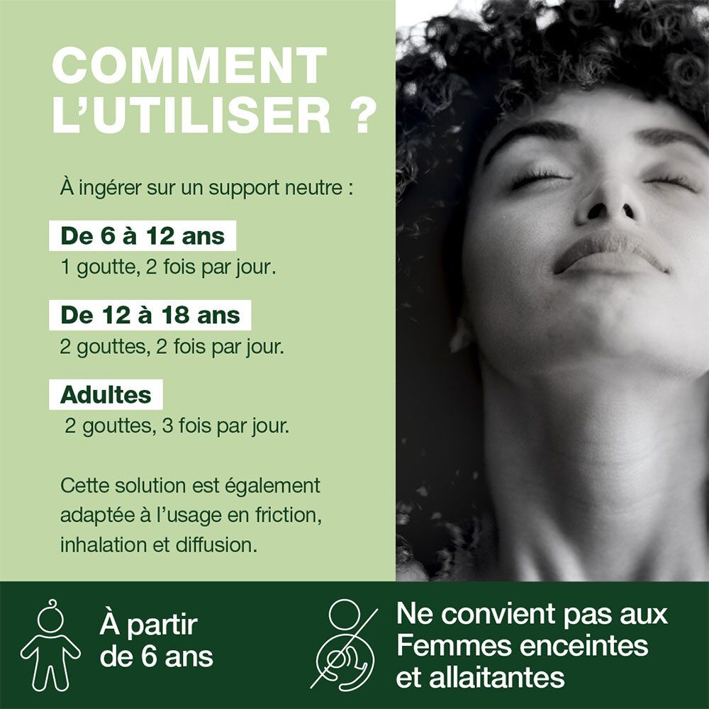 Tekst: Comment l'utiliser? Dosering voor kinderen en volwassenen. Niet geschikt voor zwangere vrouwen en vrouwen die borstvoeding geven.