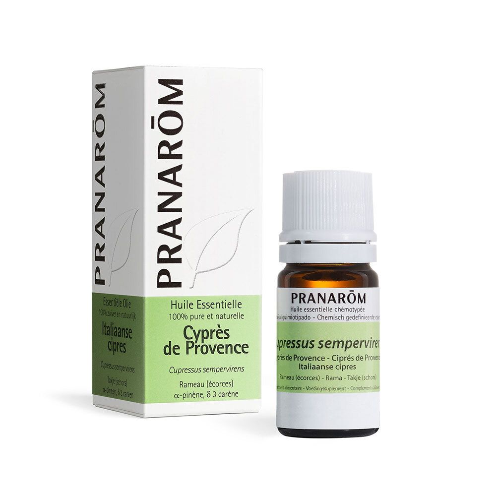 Flacon en verre brun avec bouchon blanc et boîte. Inscription: PRANAROM, huile essentielle Cyprès de Provence Bio.