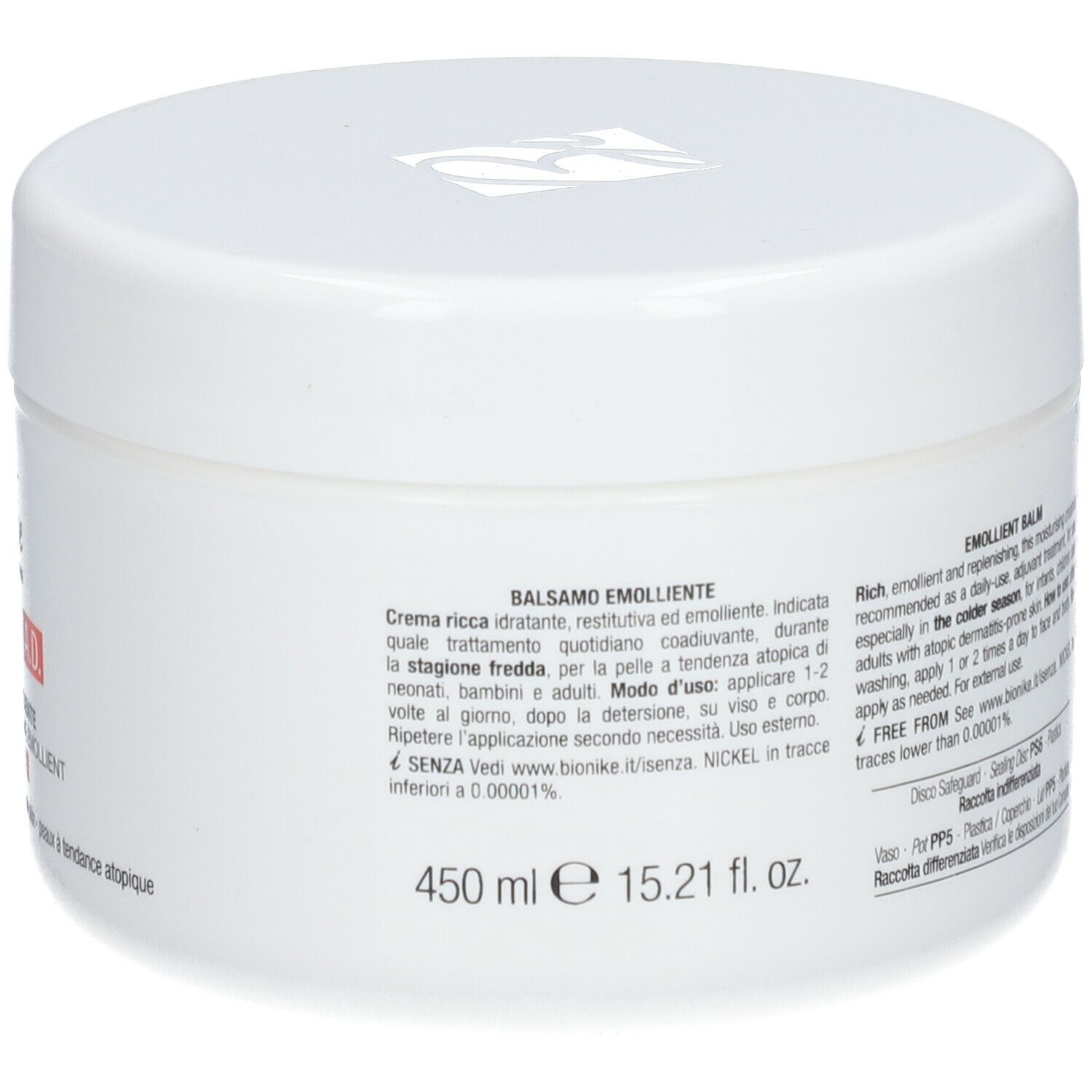 Witte pot met productinformatie. Opschrift: Verzachtende balsem. Voor de atopische huid. 450 ml.