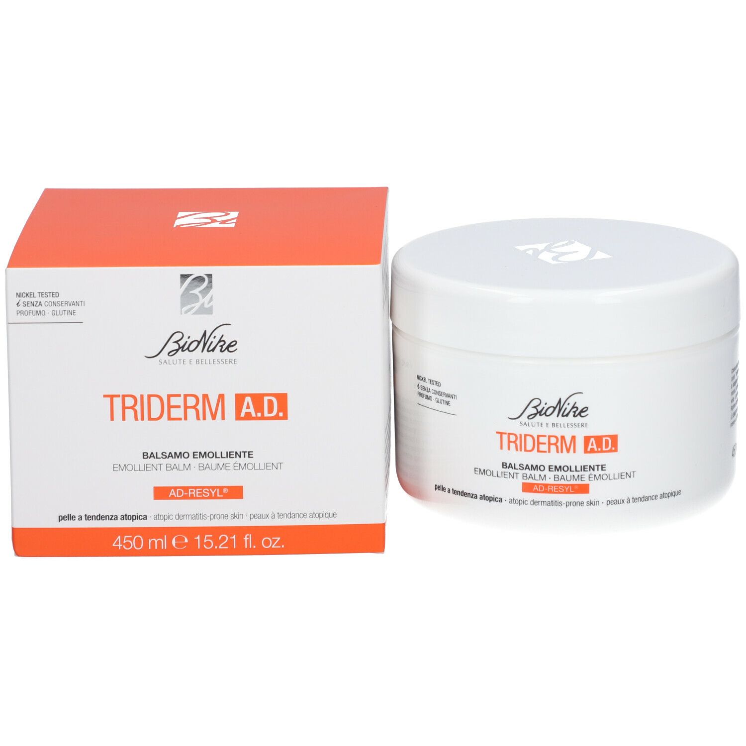 BioNike TRIDERM A.D. Balsem en verpakking. Witte pot en oranje doos. 450 ml.